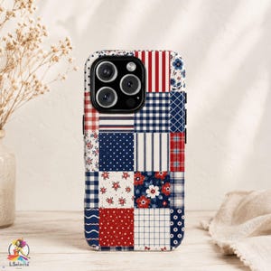 May include: A patchwork-style phone case featuring a mix of red, white, and blue patterns. The design includes stripes, polka dots, floral prints, and gingham checks. The case has a glossy finish and a camera cutout.