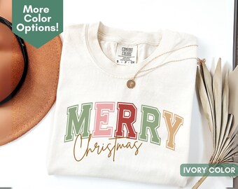 Comfort Colors Merry Christmas Shirt, Retro Holiday Sweatshirt, Ivory Winter Tee, Christmas Gift For Women, Festive Sweats, Merry And Bright
