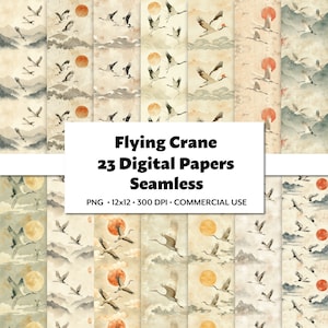 Kraan tijdens de vlucht digitaal papier, 29 PNG, naadloos herhalende zon-, berg- en golfpatronen, aquarelvogelachtergrond, modern Aziatisch motief