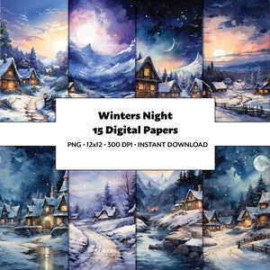 Winternacht aquarel digitaal papierpakket, 15 hoogwaardige png-afbeeldingen, winterlandschap junk journal, vakantie plakboek, winters tafereel