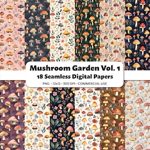 Papiers numériques de jardin de champignons, 18 motifs PNG sans couture, clipart aquarelle magique, impression de la nature mignonne pour le scrapbooking, travaux manuels et journaux intimes