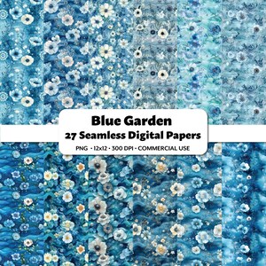 Papeles digitales de jardín azul, 27 patrones sin costuras, motivos de flores submarinas, fondos digitales de flores imprimibles para álbumes de recortes, diario oceánico
