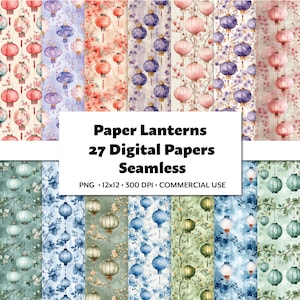 Papieren lantaarn digitaal papier, 27 PNG, naadloze herhalende oosterse patronen, elegante aquarel achtergrondornament, delicaat Aziatisch motief