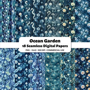 Papeles digitales Ocean Garden, 18 patrones sin costuras, motivos de flores submarinas, fondos digitales de flores imprimibles para álbumes de recortes, diario oceánico