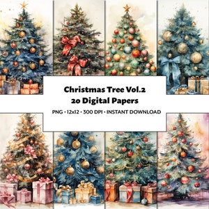 Watercolor Christmas Tree Clipart, 20 High-Quality PNG Images,Digital Paper Pack, Holiday Scrapbooking, Xmas Crafting,Printable Winter Scene