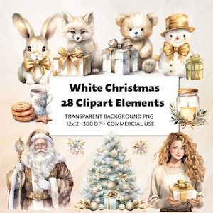 Weiße Weihnacht, Aquarell Clipart Paket, 28 hochwertige PNGs, Elegante Feiertagsdesigns, Festliches Scrapbooking, Weihnachten Digital Download