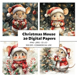 Kerstmuis digitaal papier, 20 PNG-JPG muizen clipart, Winter Junk Journal, Feestelijk kaarten maken, plakboek vakantiepapier, Xmas Animal Craft