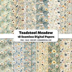 Papiers numériques Toadstool Meadow Vol.1, 18 motifs sans couture, jolis imprimés floraux aquarelles, motif champignon rêveur, teintes pastel pour travaux manuels