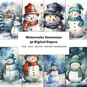 Watercolor Snowman, 30 High-Quality PNG Images,Digital Paper Pack, Printable Winter Scene, Christmas Snowman Junk Journal, Holiday Scrapbook