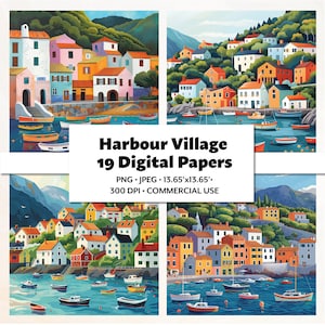 Pakiet papieru cyfrowego Harbour Village, 19 wysokiej jakości obrazów PNG i JPEG, osobliwe wybrzeże, fantazyjna sztuka ścienna, zabawny zestaw clipartów morskich