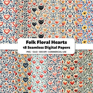 Folk Blumenherz Digitale Papiere, 18 nahtlose Muster, mutige Aquarellblumen, wunderliche Pastellmotive für Scrapbooking, Stoff- und Bastelarbeiten