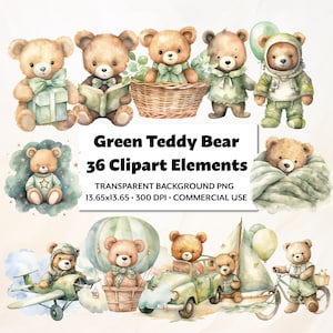 Green Teddy Bear Clipart, 36 file PNG di alta qualità, acquerello farcito giocattolo stampabile, set di veicoli per album di ritagli carino per bambini, artigianato di libri di storie