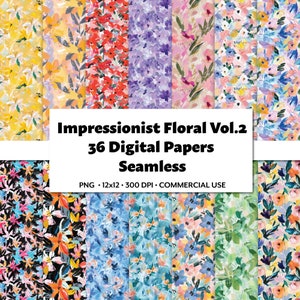 Papeles digitales florales impresionistas vol. 2, 36 patrones sin costuras, motivos de flores primaverales y fondos digitales de flores imprimibles para álbumes de recortes