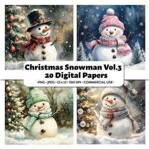 Christmas SnowmanVol. 3, 20 Watercolor PNG & JPEG, Digital Paper Pack, Printable Snow Winter Clipart, Xmas Junk Journal, Holiday Scrapbook