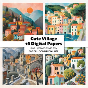 Leuk dorp digitaal papierpakket, 16 hoogwaardige png- en jpeg-afbeeldingen, eigenzinnige huizen, grillige muurkunst, leuke kleurrijke landschapsclipartset