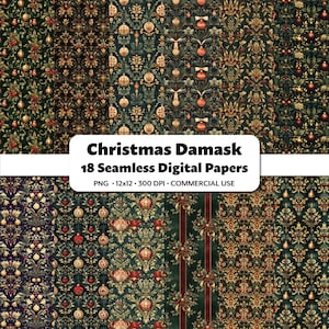 Weihnachtliches Damask Digital Papier: 18 Nahtlose PNG Muster (30 x 30 cm)