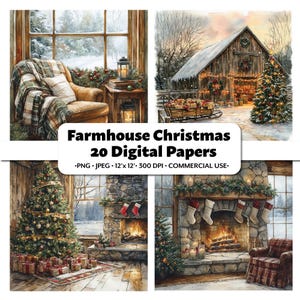 Farmhouse Christmas Digital Papers, Watercolor Style Traditional Christmas,20 PNG + JPG, Holiday Crafting, Scrapbooking, Junk Journal, Print