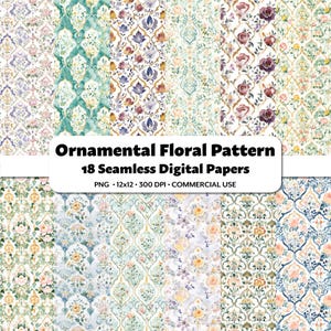 Ornamentale Blumen Digitale Papiere, 18 nahtlose PNG Muster, elegante Pastell Aquarell Motive, abstrakte Clipart für Scrapbooking & Kunsthandwerk