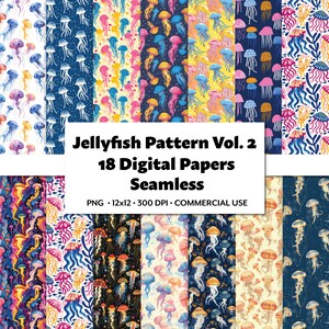 Jellyfish Pattern Vol.2 Seamless Digital Paper Pack 18 PNG Repeating Tile Motifs Undersea Theme Pastel Print Scrapbook Craft Cute Art Bundle