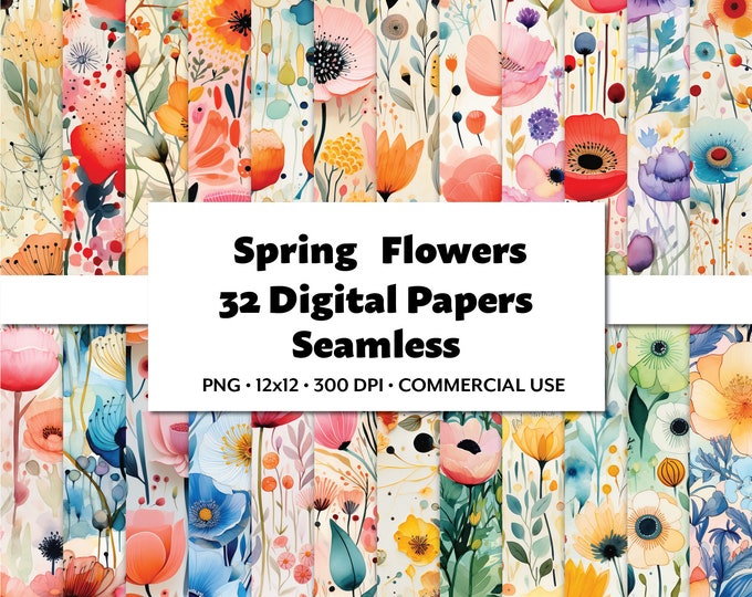 Spring Flowers Watercolor Digital Paper: Seamless Floral Patterns (PNG ...