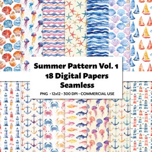 Summer Pattern Vol.1 Seamless Digital Paper Pack 18 PNG Acquerello Sottomarino Pastello Meduse Stampa Stelle Marine Scrapbook Barca Artigianato Arte Bundle