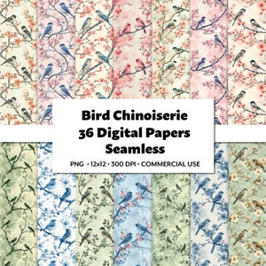 Vogel Chinoiserie Digitales Papier, 27 PNG, Nahtlos wiederholende Blumenmuster, Elegantes Aquarell Hintergrund Ornament, Zartes asiatisches Motiv