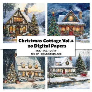 Christmas Cottage Vol.2 Carta digitale, 20 PNG JPEG, Cottage accogliente con acquerello, neve, fiume, montagna Clipart Crafting, vacanze invernali romantiche