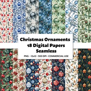 Papel digital de adornos navideños, 18 patrones sin costuras PNG, invitaciones festivas, arte de pared navideño, hermosa chuchería, manualidades para árboles de Navidad