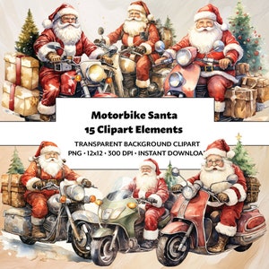 Clipart de aquarela de Papai Noel de bicicleta - Árvores e presentes de Natal - Designs de férias perfeitos - 15 imagens PNG - Download digital - Fundo transparente