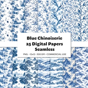 Papel digital chinoiserie azul, 25 PNG, patrones de flores repetidos sin costuras, fondo de acuarela elegante, álbum de recortes digital de uso comercial