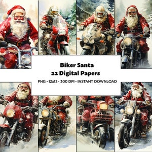 Papai Noel na motocicleta para impressão, conjunto de papel digital para scrapbooking, Papai Noel motociclista em aquarela, suprimentos para artesanato de Natal, diário de Natal