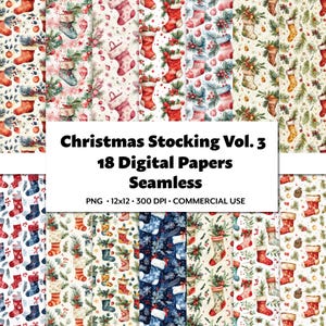 Papel digital Christmas Stocking Vol.3, 18 patrones PNG sin costuras, invitaciones festivas, arte mural navideño, hermosa acuarela, manualidades con muérdago