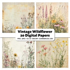 Vintage wilde bloemen digitaal papier, 20 png + jpg, afbeeldingen in aquarelstijl voor knutselen, bloemenscrapbooking, antieke achtergronden voor tijdschriften