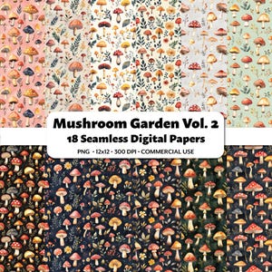 Champignon jardin numérique papiers 2, 18 motifs PNG sans couture, clipart aquarelle magique, impression de la Nature mignonne pour le scrapbooking, travaux manuels et journaux intimes