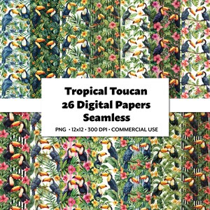 Tropisches Tukan-Digitalpapier, 26 PNG, nahtlos wiederholende exotische Muster, sommerlicher Aquarellhintergrund, üppiges Naturoberflächendesignmotiv