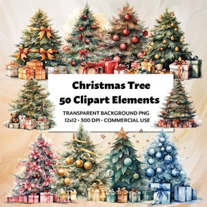 Watercolor Christmas Tree Clipart: 50 PNG Festive Elements (Digital Download)