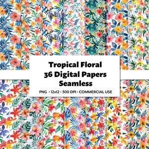 Papel digital floral tropical, 36 PNG, patrones de flores repetidos sin costuras, fondo de acuarela veraniego, motivo de diseño de superficie de naturaleza exuberante
