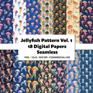 Jellyfish Pattern Vol.1 Seamless Digital Paper Pack 18 PNG Repeating Tile Motifs Undersea Theme Pastel Print Scrapbook Craft Cute Art Bundle
