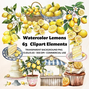 Clipart di limoni dell'acquerello, 63 file PNG, agrumi, albero di limone estivo, stand di limonata, fetta di torta di dessert dell'acquerello clipart per artigiani