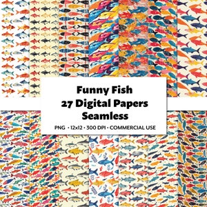 Carta digitale pesce divertente, 27 modelli di pesce ripetuti senza soluzione di continuità PNG, arte stampabile scuola di pesce, sfondo digitale commerciale di Clipart di pesce