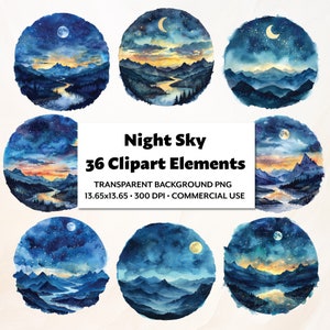 Clipart aquarela do céu noturno, 36 elementos PNG, estrelas, cenário de lua e montanhas, downloads digitais artesanais e para impressão, álbum de recortes celestial
