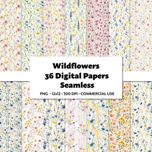 Wildflowers Digital Paper,36 PNG, Seamless Repeating Flower Pattern, Elegant Watercolor Wallpaper, Commercial Use, Digital Scrapbook Flowers