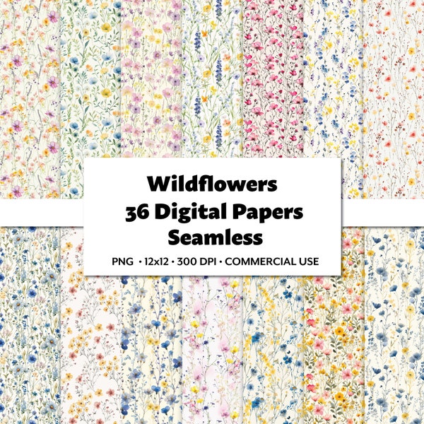 Papier numérique de fleurs sauvages, PNG 36, motif fleur répétitif sans couture, élégant papier peint aquarelle, usage commercial, fleurs de scrapbooking numérique