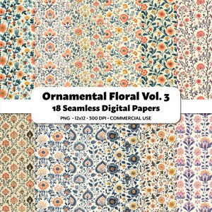 Ornamental Floral Vol.3 Digitale Papiere, 18 nahtlose PNG Muster, Vintage Aquarell Clipart, Boho Druck für Scrapbooking, Kunsthandwerk & Journals