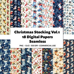 Papel digital Christmas Stocking Vol.1, 18 patrones PNG sin costuras, invitaciones festivas, arte mural navideño, hermosa acuarela, manualidades con muérdago