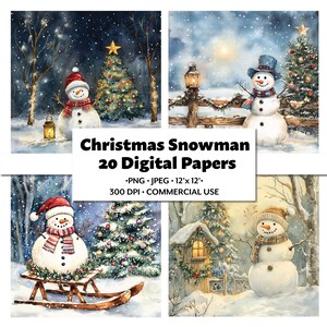 Christmas Snowman, 20 Watercolor PNG & JPEG, Digital Paper Pack, Printable Snow Winter Scene, Xmas Village Junk Journal, Holiday Scrapbook
