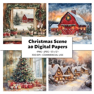 Bundle de papiers numériques de scène de Noël - Père Noël de style aquarelle, grange rouge, village des neiges, 20 images PNG + JPG pour travaux manuels et scrapbooking