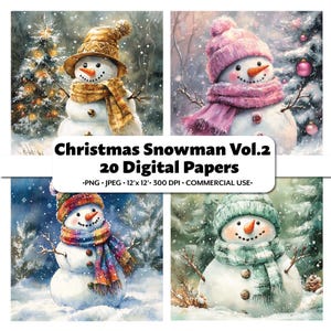 Christmas SnowmanVol. 2, 20 Watercolor PNG & JPEG, Digital Paper Pack, Printable Snow Winter Clipart, Xmas Junk Journal, Holiday Scrapbook