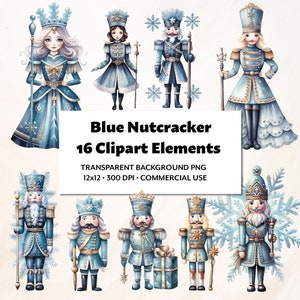 Pacote de clipart de quebra-nozes azul, ilustrações em aquarela para artesanato e designs, pacote de clipart para scrapbooking, convites e design de cartão