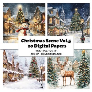 Christmas Scene Vol.5 Digital Papers, Watercolor Style Traditional Christmas, 20 PNG + JPG Images for Crafting, Scrapbooking, Junk Journal